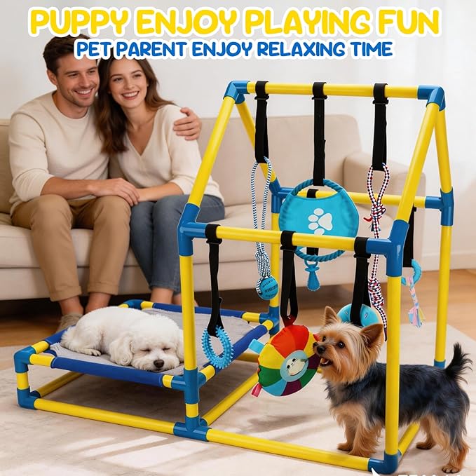 Puppy Play Gym with Hanging Toys, Dog Indoor Jungle Gym as Activities Center for Puppies, PVC Frame with 8 Enrichment Toys for Small Dogs Kitten and Other Pets