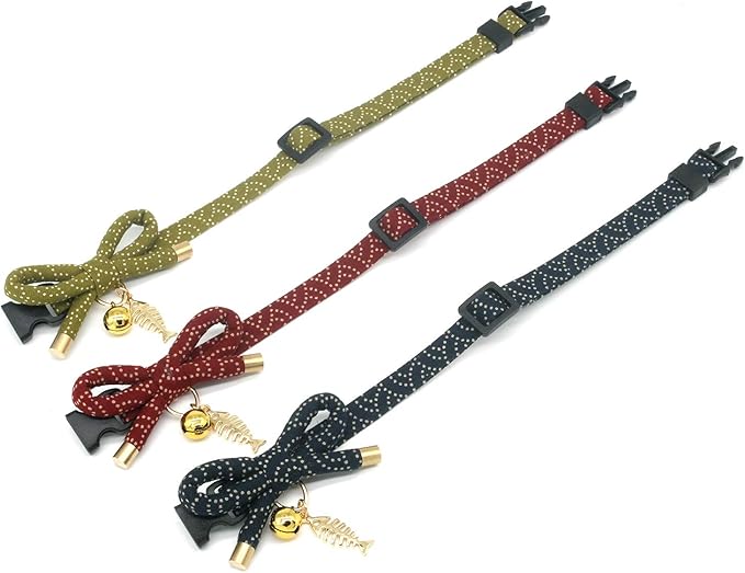 Cute Bowtie Cat Collar with Bell. Japanese Stylish Bowknot & Fish Charm. Safety Breakaway, Soft, Lightweight, for Girl Boy Male Female Cats Kitten,Navy Blue