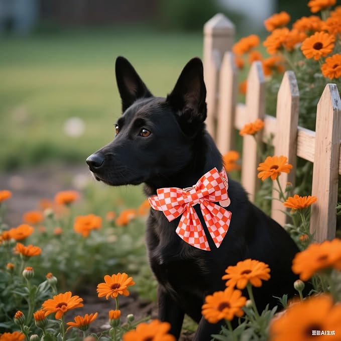 DOGWONG Orange Pink Plaid Dog Collar with Bow - Adjustable and Comfortable Autumn Dog Collar Fall Necklace for Large Medium Small Pet,M