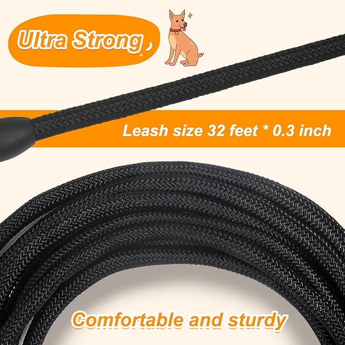 Vivifying Floating Long Dog Leash, 32ft Dog Training Leash for Outside and Yard, Durable Long Line Lead with Soft Handle for Camping, Hiking, Swimming, Beach and Lake (Black)