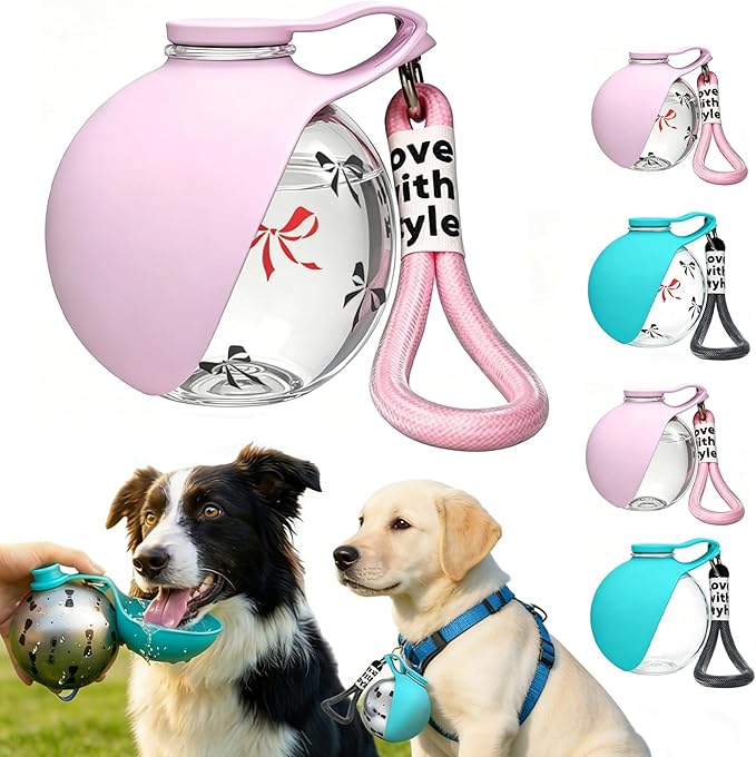 Portable Dog Water Bottle with Bowl, 10 Oz 2 in 1 Integrated Pet Water Bottle for Dogs Drinking, Leakproof Transparent Travel Water Bottle for Dogs On Walks, Hiking, Traveling (Pink Print)