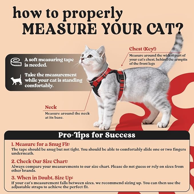 rabbitgoo Cat Harness and Leash Set, Escape Proof Vest Harness for Safe Outdoor Walks, Soft Breathable Adjustable Vest with Reflective Strips for Average to Large Cats, Black & Red, M