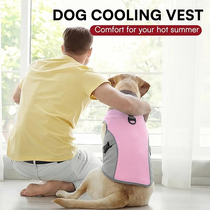 Dog Cooling Jacket for Large Dogs, Pet Cooling Vest with Mesh and D Ring, Dog Reflective Stripe Cooler Jacket for Beach, Hiking, Walking, Pink-L