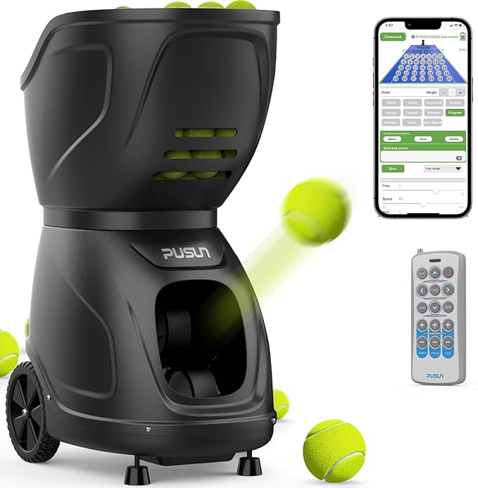 PT-9001 Programmable Variable-Speed Tennis Ball Machine | APP & for Apple Watch Control (12 Modes), MAX 140KM/H, 10Hr Battery, 6-Level Spin, 150-Ball Capacity — for Clubs & Advanced Players