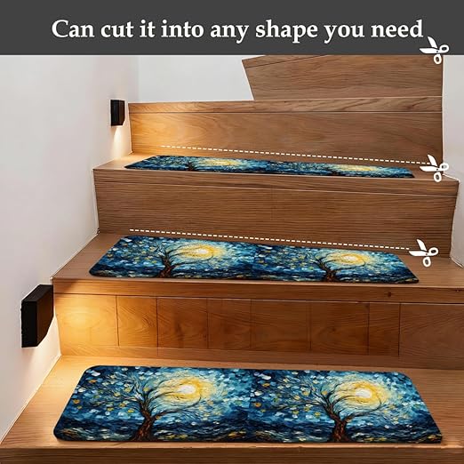 Abstract Tree Starry Sky Stair Treads for Wooden Steps Indoor Washable Staircase Carpet 10PCS 30"x7.8" Stair Step Treads Non-Slip Staircase Covers Peel and Stick Safety Mat for Kids Elders Pets