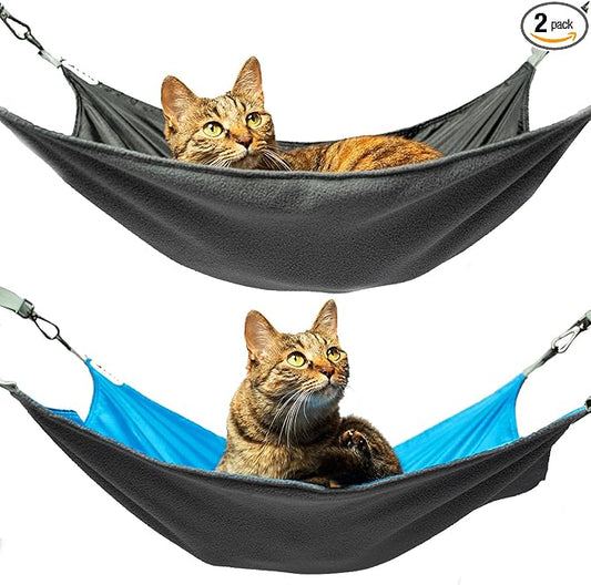 2 Pieces Cat Hammock Hunging for Cage,Reversible Washable Soft Outdoor Cat Mat,Waterproof Cooling Kittens Pad with Adjustable Webbing for Cats (Large, BlackBlue)