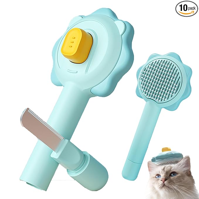Cat Brushes for Indoor Cats, 2 in 1 Self-Cleaning Slicker Brush with Open Knot for Long & Short Haried Cats, Kitten, Puppy and Large Dogs, Blue