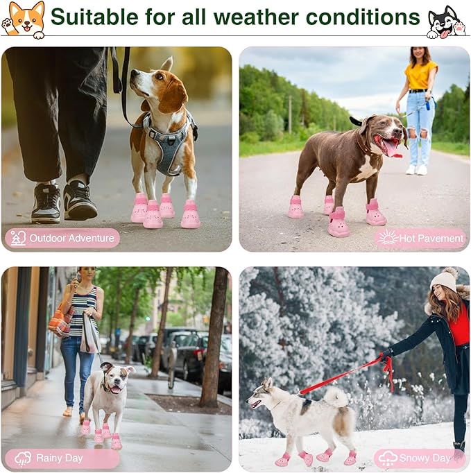 Dog Shoes for Hot Pavement and Snow - Waterproof, Non-Slip, Breathable Booties with Adjustable Straps for Small Medium, and Large Dogs (Pink, L)