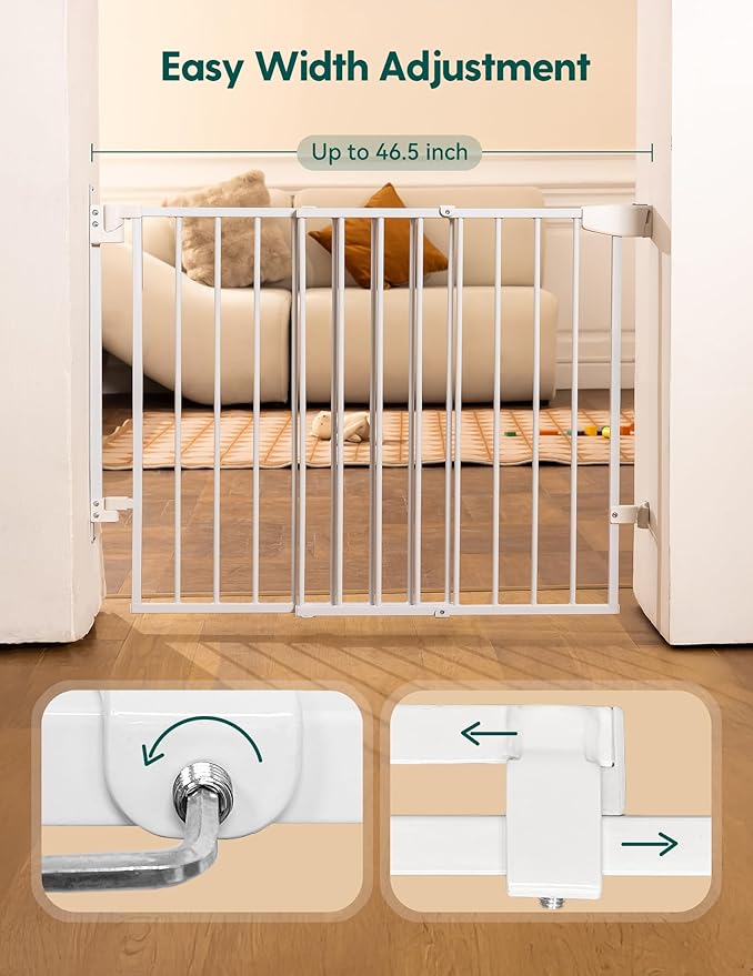 Babelio 29.7-46.5" No Bottom Bar Baby/Dog Gate for Stairs, House and Doorways, Auto Close Safety Pet Gates with Large Walk Thru Door, Hardware Mount