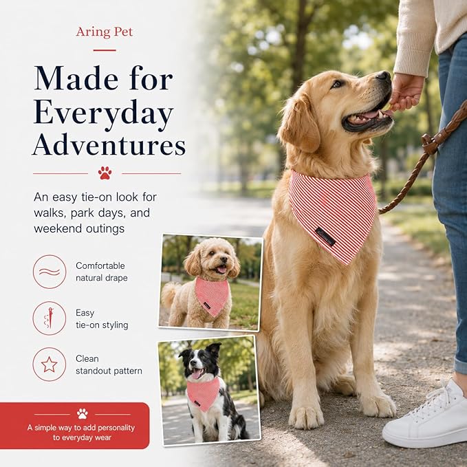 ARING PET Stripe Dog Bandanas, Cute Red Pet Bandana Scarf Triangle Bib for Small Medium Large Boy Girl Dogs Cats, Puppy Kerchief for Daily Wear Walks Party Photos-L