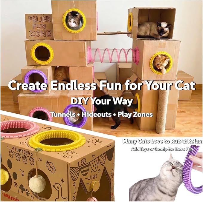 Cat Self Groomer Arch for Cardboard Boxes, DIY Cat Tunnel Brush & Massage Comb for Indoor Cats, Interactive Self Grooming Toy for Cat Cave, Hideouts & Enrichment Play (Blush Pink)