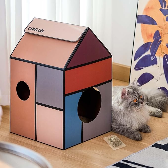 Conlun Cardboard Cat House with Scratch Pad & Catnip, Cat Play Scratching House for Indoor Hideaway Furniture, Heavy Duty Sturdy Cardboard Scratcher, Easy to Assemble Birthday Gift, Medium