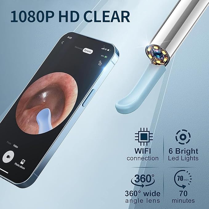 Ear Wax Removal Kit,Earwax Removal Tools with 1080P HD Camera and 6 LED Lights,IP67 Waterproof,Multi-Purpose 8 Pcs Ear Cleaning Kit,Easy to Use,Ear Cleaner with Camera for iOS and Android