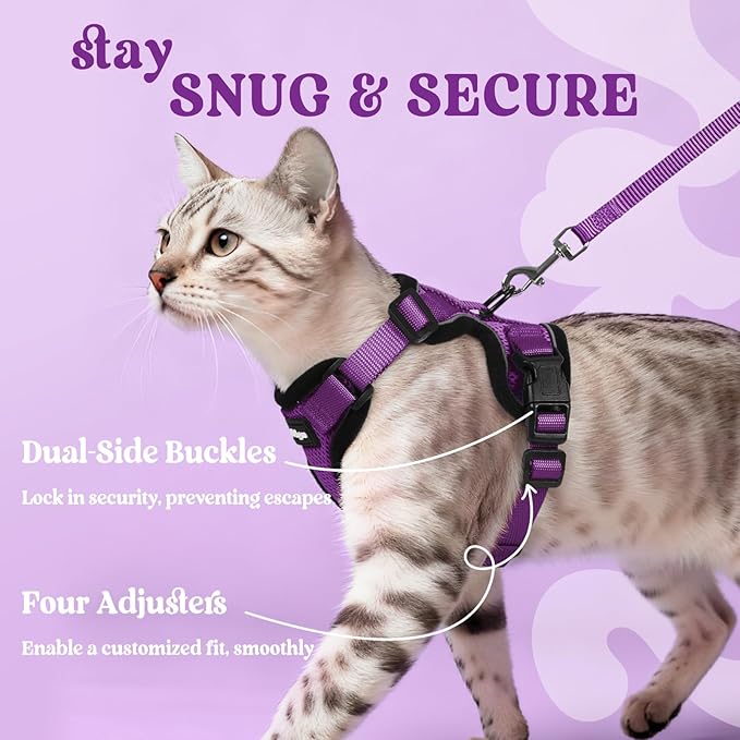 rabbitgoo Cat Harness and Leash Set, Escape Proof Vest Harness for Safe Outdoor Walks, Soft Breathable Adjustable Vest with Reflective Strips for Average to Large Cats, Purple, M