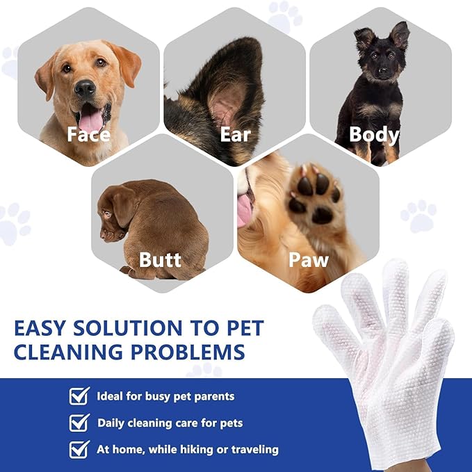 Pet Glove Wipes for Dogs (4Packs/24 PCS) Disposable pet Cleaning Towel, Thick, Odorless and Suitable for Daily Care, Cleaning and Caring for Dogs and Cats