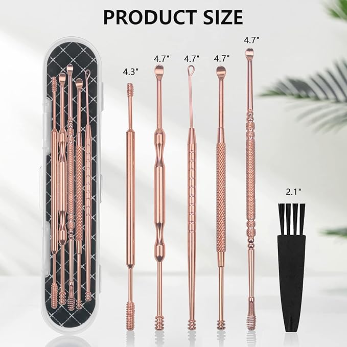 Hion 6 Pcs Ear Wax Removal Kit,Professional Double-Headed Ear Pick Earwax Removal Tools,316L Stainless Steel Ear Cleaner Curette with Cleaning Brush and Storage Box,Suit for Kid Adult(Rose Gold)