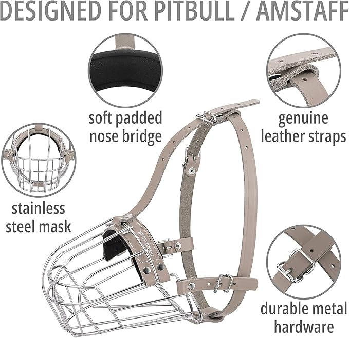 BRONZEDOG Pitbull Dog Muzzle Breathable Metal Basket for Large Dogs Amstaff Staffordshire Terrier Biting Chewing Barking (Leather, Gray)