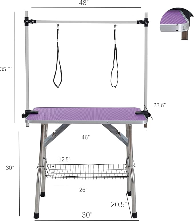 Pet Dog Grooming Table, Foldable Stainless Steel Pet Drying Grooming Table Up to 330lbs, Professional Bathing Desk for Dogs at Home with Adjustable Overhead Arms, Noose, Mesh Tray, 46''/Purple