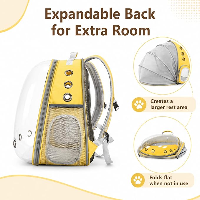 Cat Backpack Carrier Back Expandable Bubble Pet Carrier Backpack for Large Cat, Kitten and Dog, Designed for Hiking, Travelling and Outdoor Use (Back Expandable-Yellow)