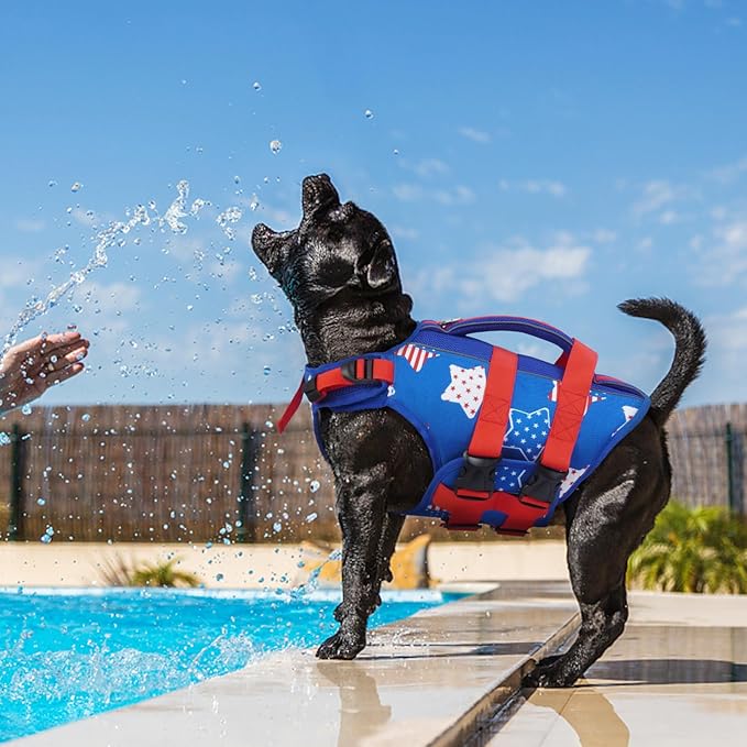 Kuoser Dog Life Jacket High Flotation, American Flag Dogs LifeVest for Swimming Boating, 4th of July Dog Lifejacket with Reflective & Rescue Handle, Lightweight Doggy Life Preserver for Medium Dogs, M