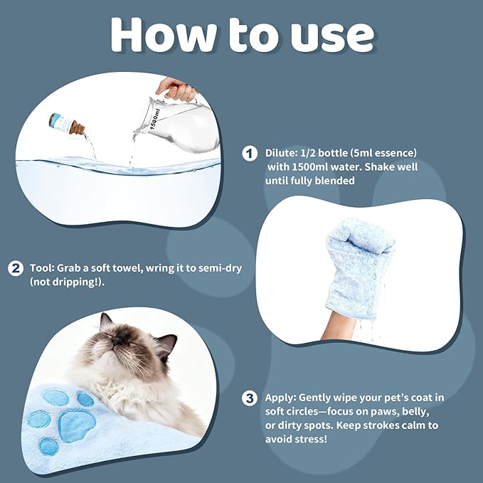 2PCS Concentrated Waterless Shampoo Essence with Pink Grooming Glove, No-Rinse & Lick-Safe Essence for Steam Brushes, Gentle Care for Cats/Kittens/Seniors, Manage Shedding & Freshness (1, Blue Glove)