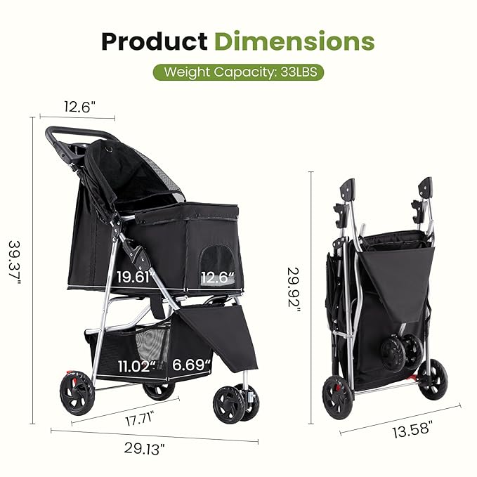 NEWBULIG 3 Wheel Pet Stroller for Dogs and Cats, Foldable, Lightweight and Durable for Small to Medium Pets, Includes Storage Basket and Cup Holders