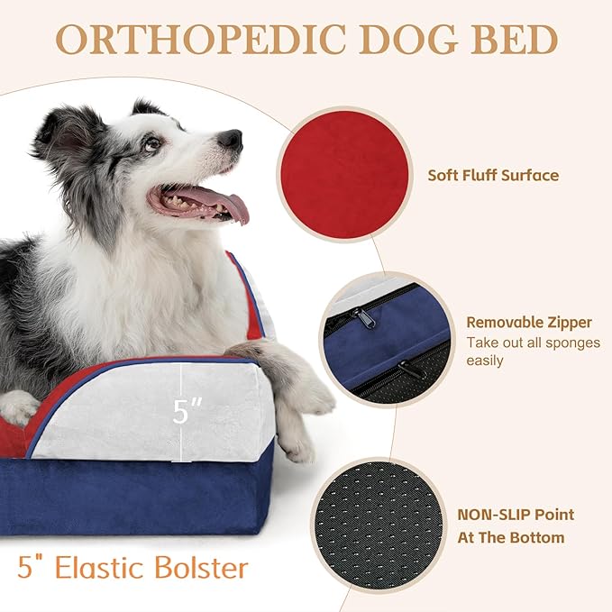 Comfort Expression Orthopedic Dog Bed for Extra Large Dogs 42x30 Inch, Waterproof Egg Crate Foam XL Pet Bed with Bolsters, Dog Couch with Washable Cover & Non-Slip Bottom, American Flag 2