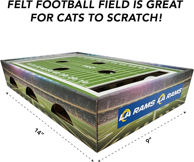NFL Los Angeles Rams Football Stadium Cat Scratcher Find & Play Box With 2 Jingle Bell Balls - Game Day Toy, Field Felt Scratcher, Play and Lounge Stimulating Game