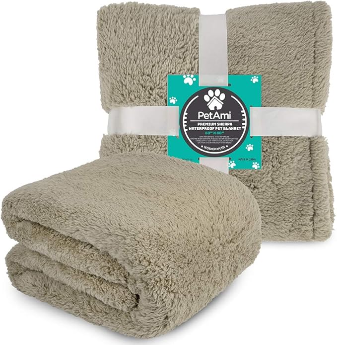 PetAmi Fluffy Waterproof Dog Blanket for Couch and Bed, Reversible Sherpa Pet Throw, Pee Proof Furniture Protector Sofa Cover, Washable Cat Blanket for Medium Large Dogs and Cats (Taupe Camel, 60x80)