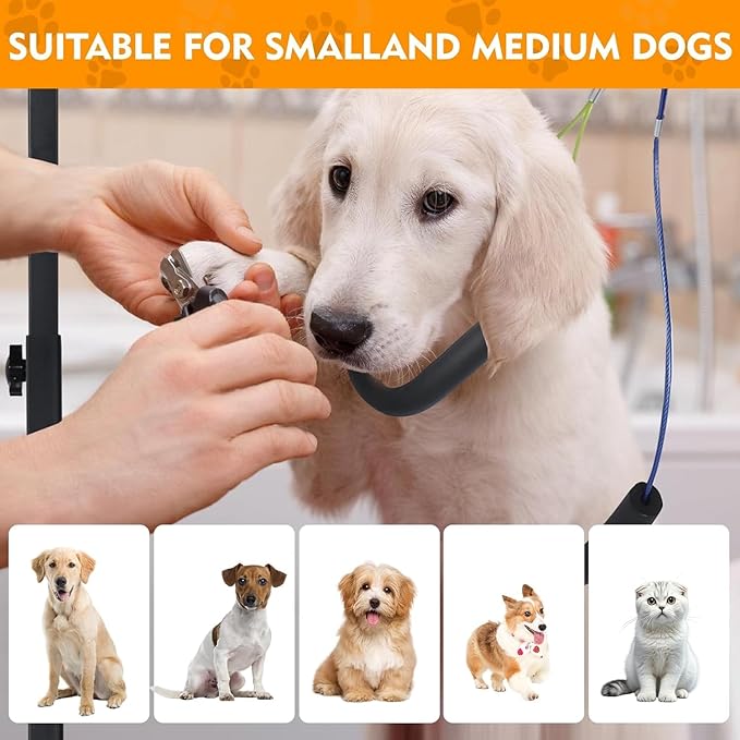Adjustable Dog Grooming Arm with Clamp, 20″–30″ Height, Dog Grooming Table Arm with Hammock and No-Sit Holder, Grooming Restraint for Small Medium Dogs at Home or Salon