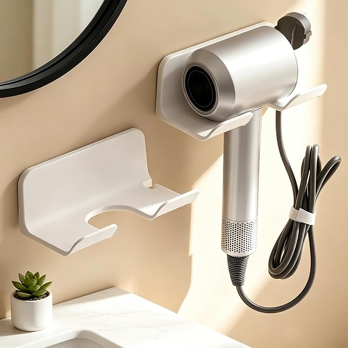 Universal Hair Dryer Holder, Blow Dryer Hanger Wall Mount for Hair Dryer Hook with Plug&Cord Organizer Self Adhesive for Cabinet Bathroom(1 Pack White)