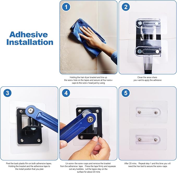 Hands Free Hair Dryer Holder Wall Mounted - Adjustable Angle Blow Dryer Holder Equipped with Universal Holder Allowing You to Dry Hair Hand Freely