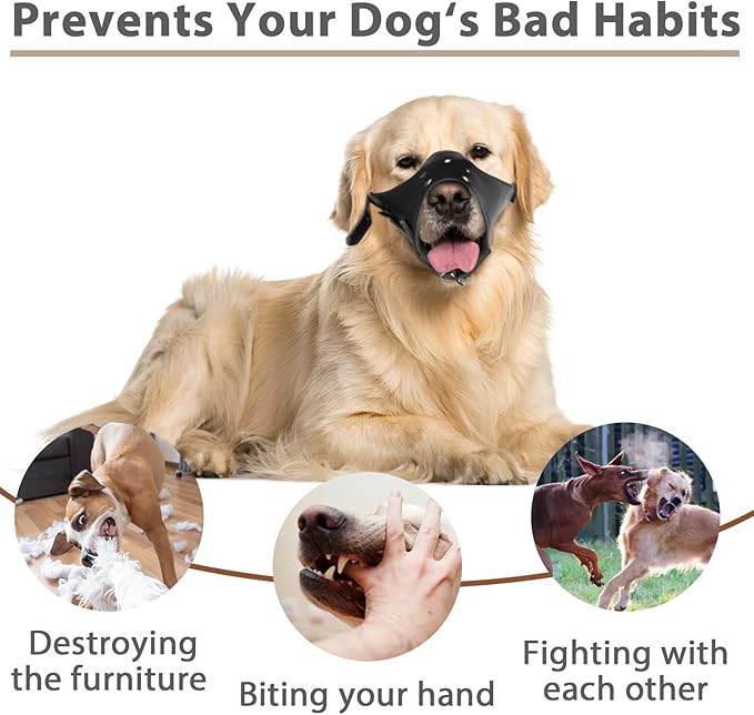 BARKLESS Dog Muzzle Leather, Soft Secure Anti-Barking Leather Muzzle for Medium Sized Dogs to Prevent Biting, Breathable and Adjustable, Allows Drinking and Panting, Used with Collars