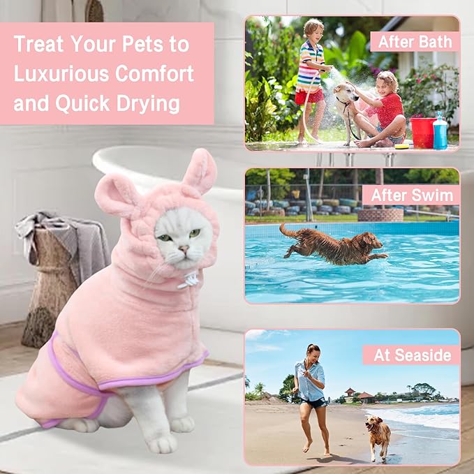 Pet Bathrobe for Dog Cat Absorbently Quick Drying Coat Cute Dogs Bath Towel Hooded Robe Adjustable Collar & Belly Strap for Pool Beach (Pink, X-Small)