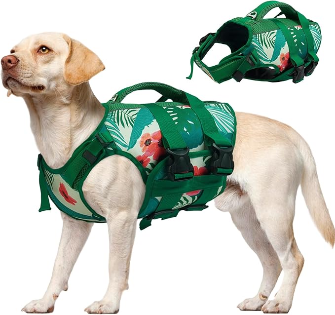 Kuoser Dog Life Jacket High Flotation, Reflective Dog Life Vest for Swimming Boating, Adjustable Dogs lifejacket with Rescue Handle for Large, Safety Pet Life Preserver Floats for Summer Vacation, XL