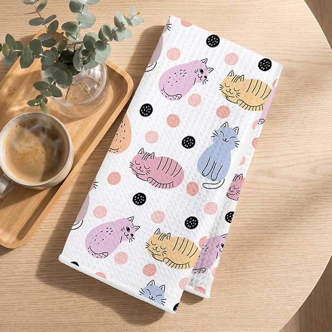 Hanamiya Na 4Pcs Cute Cat Kitchen Towels, Whimsical Decorative Absorbent Microfiber Dish Cloth Tea Towel, Durable Hand Towels for Farmhouse Home Bathroom, Cat Lover Gifts 2