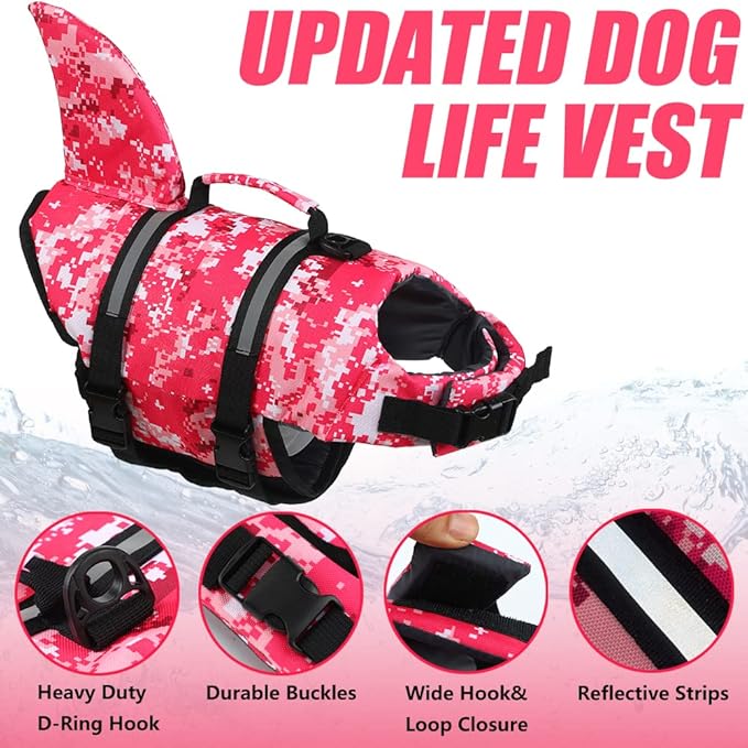 EMUST Dog Life Vests, Dog Floats for Swimming, Boat, Pool, Ripstop Pet Life Jacket with High Buoyancy and Lift Handle for Small and Medium Breeds (M,Pink Camouflage)