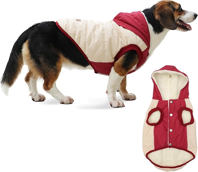 Vecomfy Fleece Lining Extra Warm Dog Hoodie in Winter for Large Dogs Jacket Pet Coats with Hooded,Beige and Red XXXL