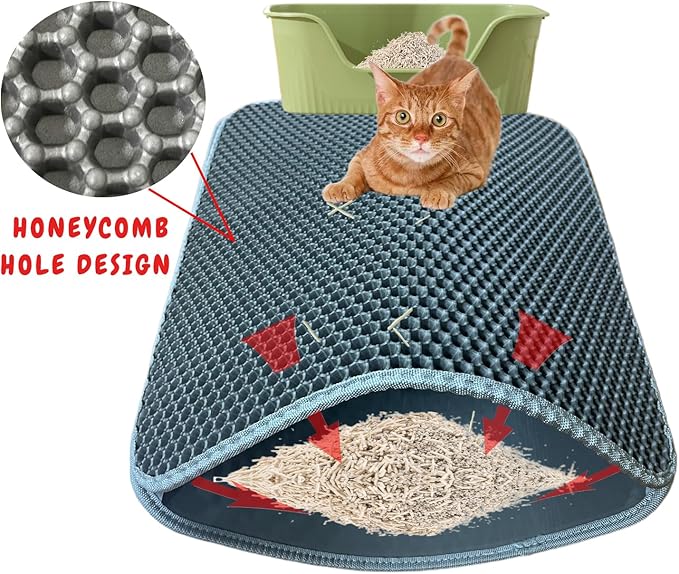 Cat Litter Mat, Honeycomb Double Layer Litter Trapping Mat, 18" x 24" Kitten Litter Box Pad, Waterproof Urine Proof, Washable Easy Clean (Grey)