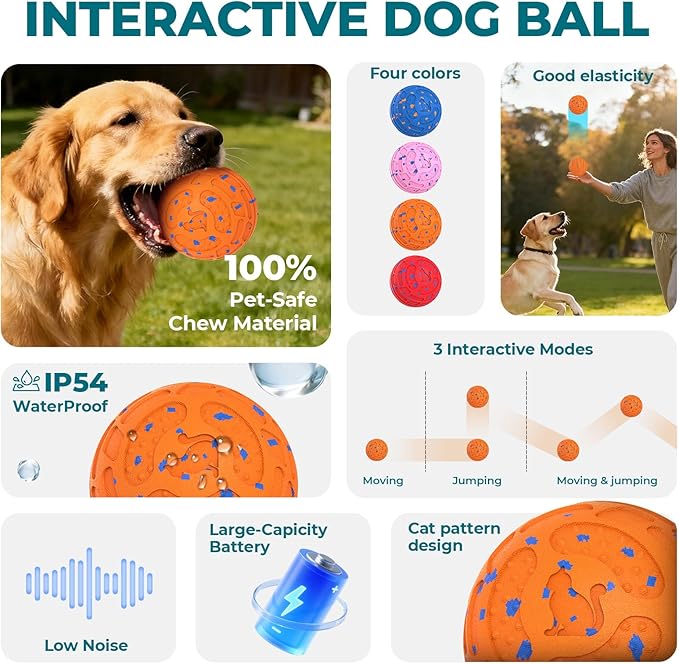 Smart Interactive Dog Ball Toys: Automatic Bouncing Rotating Moving, 3 Modes, Durable Material, Waterproof, Rechargeable Active Rolling Pet Toy for Medium Large Dogs Indoor Outdoor, Orange or Blue