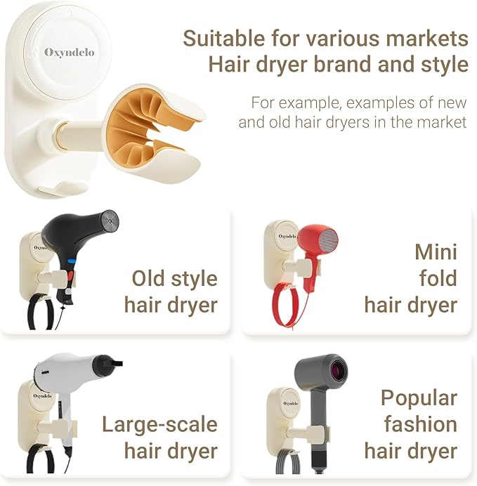 Hair Dryer Holder Wall Mounted Suction Cup Blow Dryer Stand with Cord Organizer Compatible with All Dryer 360°Adjustable No Drill Installation Hair Dryer Stand for Bathroom, Bedroom (Cream White)