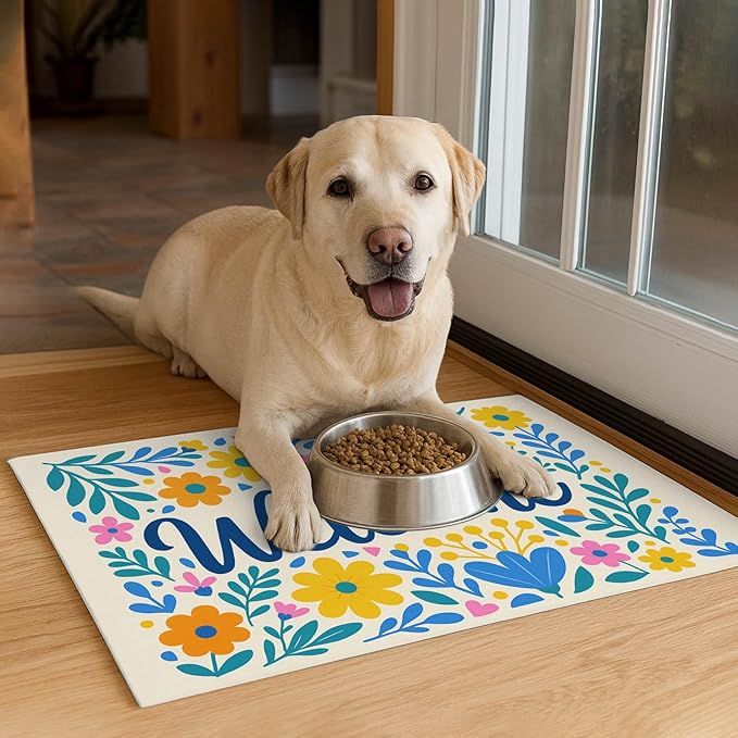 HOMETITUTE Daisy Flower Pet Food Mat 20" x 12" Welcome Sign Pet Feeding Mat Non Slip Mats for Dog Food and Water Bowls Easy Clean Fast Dry Placemat for Cat Food Mats for Indoor Trendy Pet Accessories