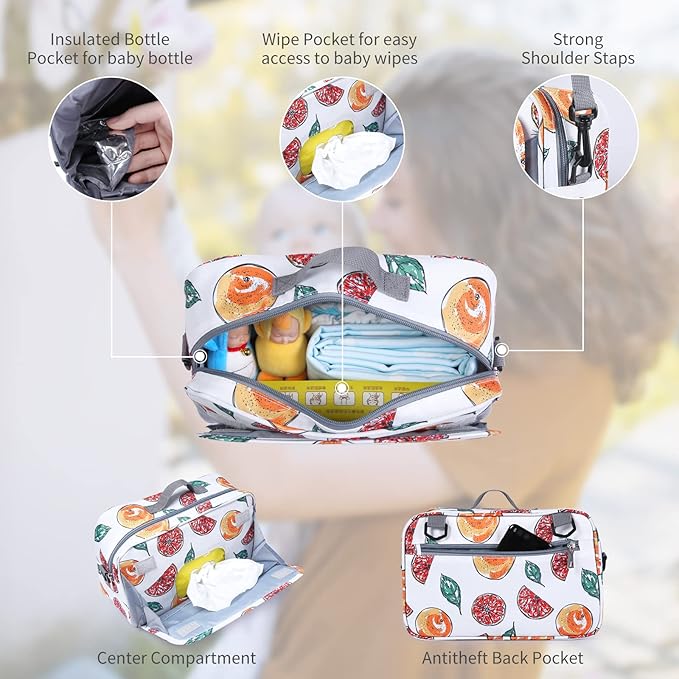 GOGOSO Non-Slip Stroller Organizer Bag for Diapers with Insulated Pocket, Stroller Hooks and Adjustable Strap,Universal Fit Most Strollers, Fruits