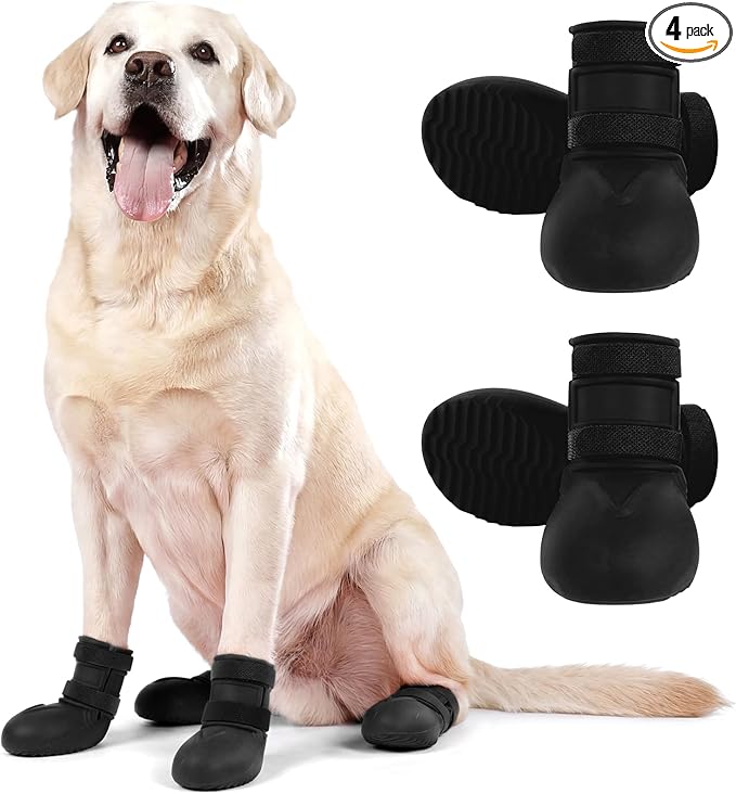 Dog Rain Boots Waterproof, 4PCS Dogs Shoes Non Slip Dog Boots & Paw Protectors, Easy On Rubber Doggie Booties Pet Shoes for Hot Pavement Snow Rain, Dog Rainboots for Small Medium Large Dogs, Black 2XL