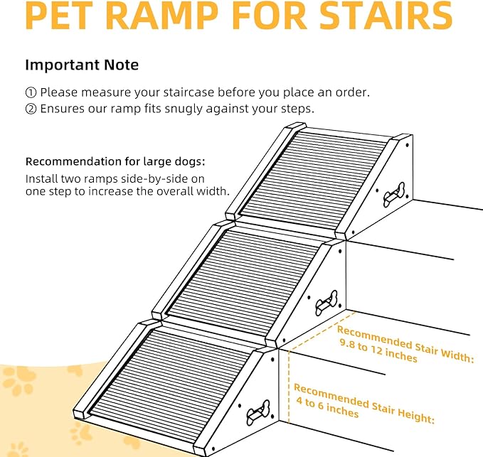 2-Pack Wooden Dog Ramp for Stairs - Natural Pine Wood Pet Step Ramp with Anti-Slip Bone Strips & Felt Padding, Stair Wedge for Small Medium Dogs, Indoor Home Safety Access for Injured Dogs