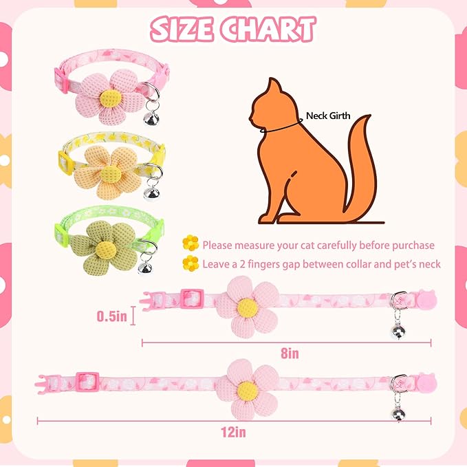 PUPTECK Cat Collar Breakaway with Bells, Kitten Collar Outfit Adjustable for Girl Boy Small Pet Puppy Bunny, Cute Costume Accessory with Safety Release Buckle (Sticker-Flowers)