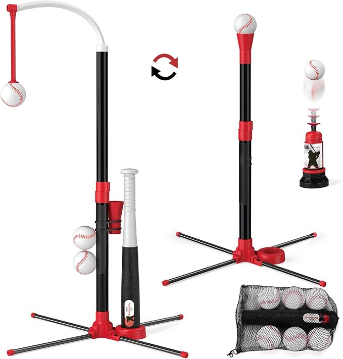 Wee Wonders 3-in-1 T Ball Set - Adjustable Height, Hanging Tee Ball Set with Automatic Pitching Machine/6 Balls/Retractable Bat, TBall Stand Suit for Outdoor, Sport Toys Gifts for Kids Boys Age 3+