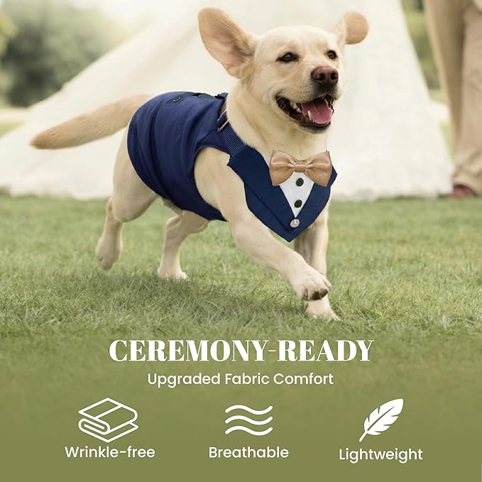AVERYDAY 2 Pcs Dog Tuxedo & Bandana Set, Dog Suit Costume with Bowtie for Wedding Outfit, Pet Tux Harness with Leash Ring for Party Birthday Christmas, Formal Wear for Small Medium Large Breed