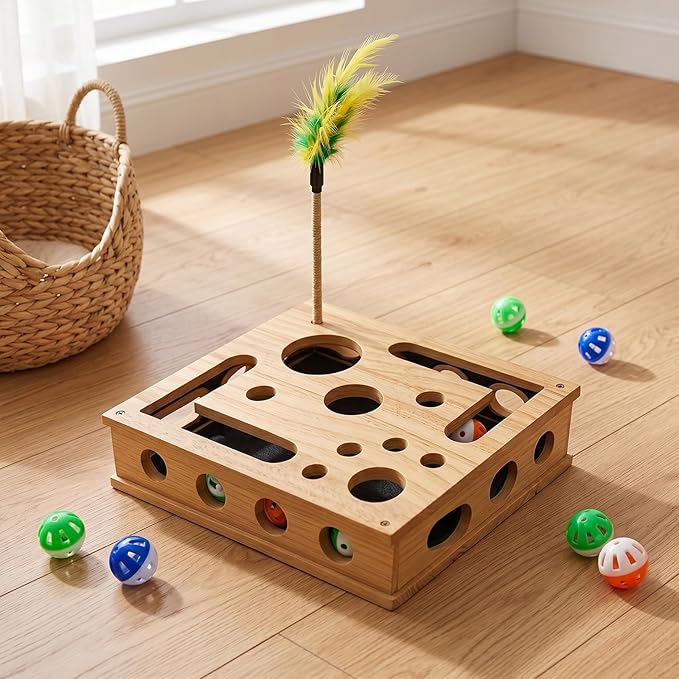 2026 New Cat Nail File Box, Cat Scratch Puzzle Enrichment Box with 1 Interactive Wand Toy & 3 Bell Balls, Cat Puzzle Feeder Scratch Puzzle Toy Gift for Indoor Cats, Trimming Nails