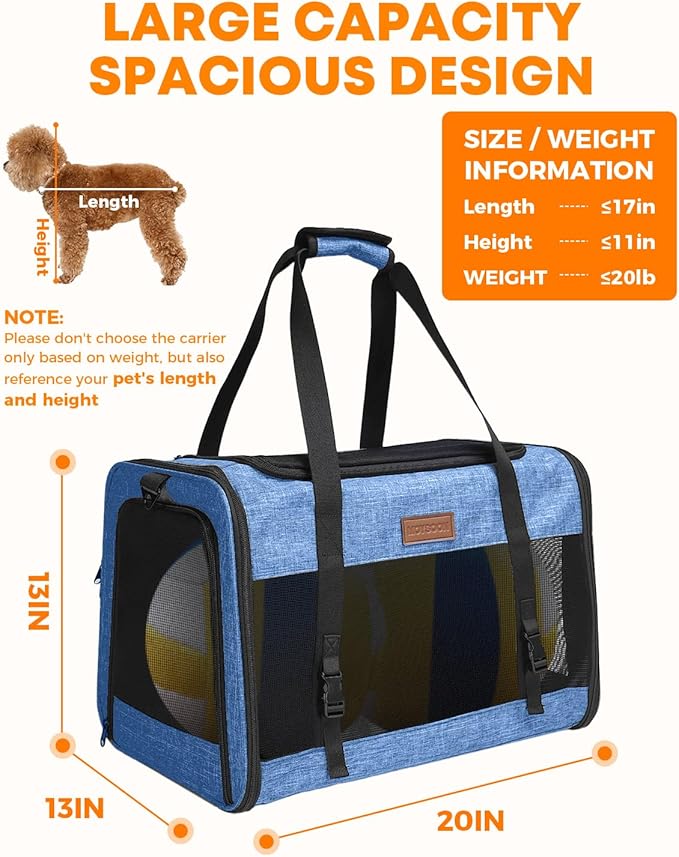 Large Cat Dog Carrier for Pet Up to 20 Lb - 20×13×13 in, Top & Side Entry, Foldable, Soft-Sided Pet Carrier with Ventilated Anti-Scratch Mesh & Car Seat Buckle for Car, Travel and Vet - Blue